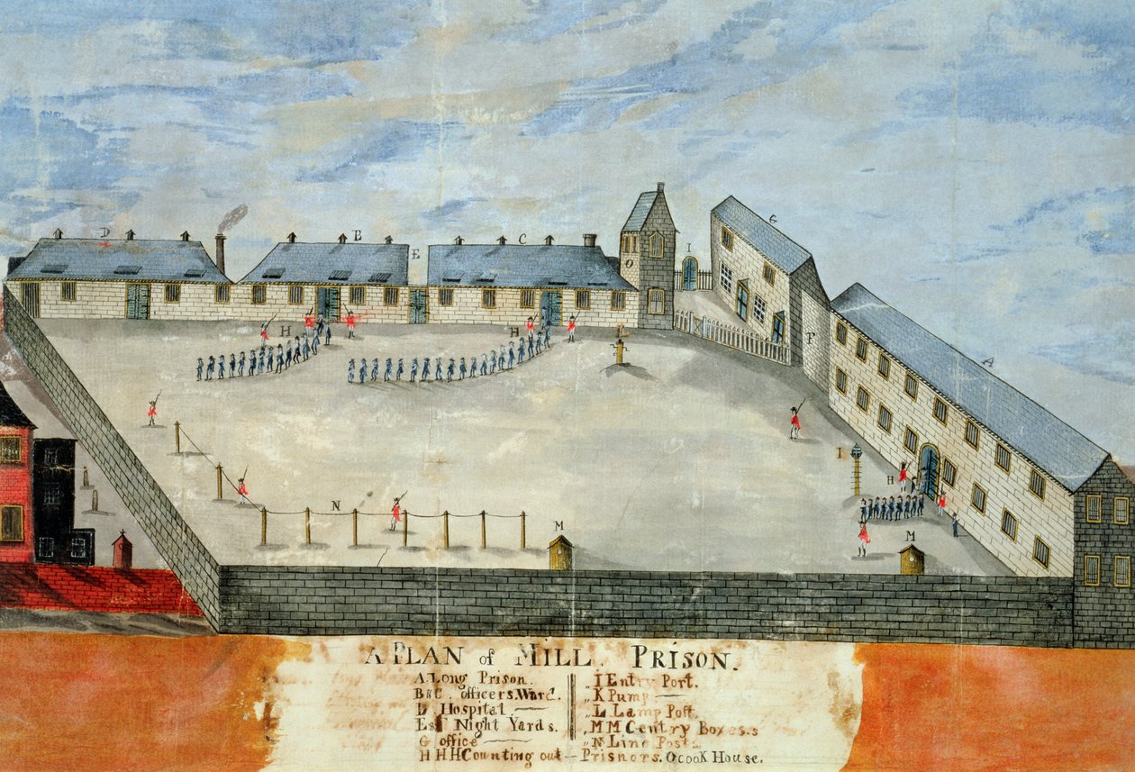 Plan de la prison de Mill, fin du 18e ou début du 19e siècle (aquarelle et encre sur papier) - School American