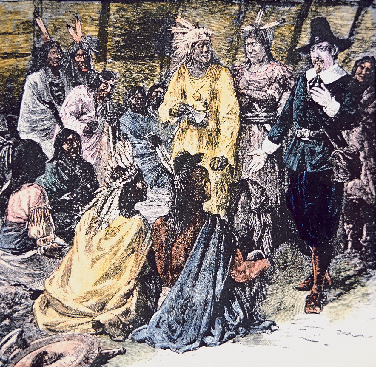 Roger Williams achète les terres nécessaires aux Indiens Narragansett (lithographie en couleur) - School American