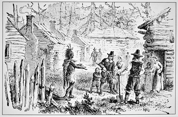 Samoset, chef des Pemaquids, rend visite aux Pères Pèlerins en 1621 (lithographie) - School American
