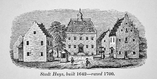 Le Stadt Huys néerlandais, New Amsterdam (New York), construit en 1642 et rasé en 1700 - School American