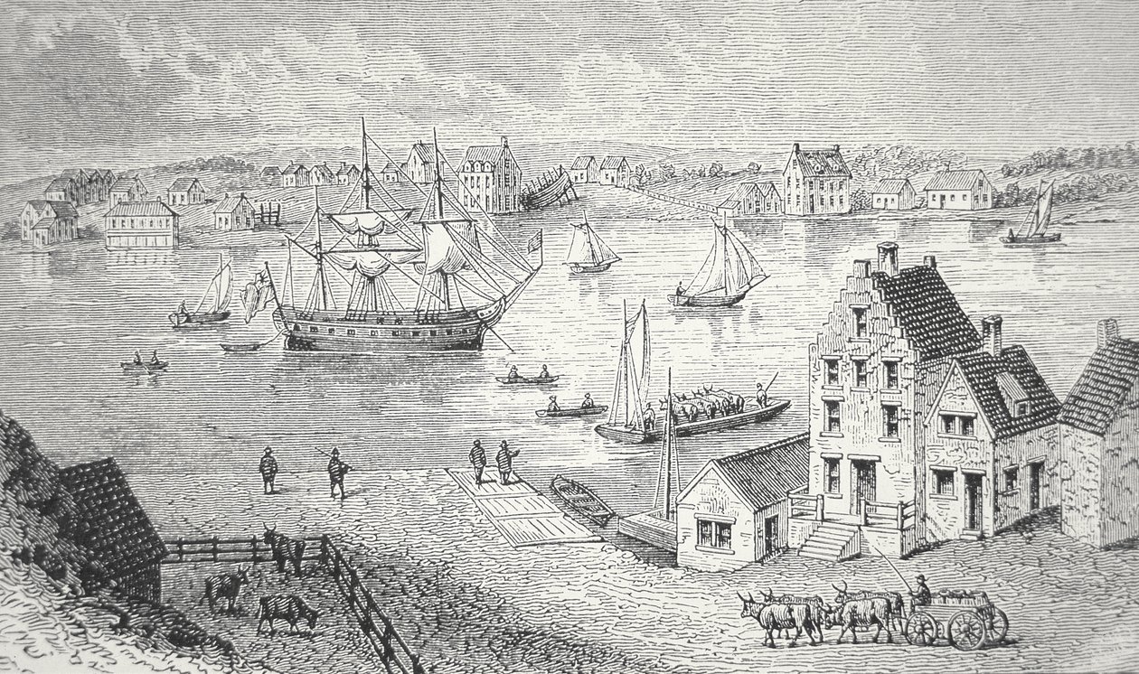 Le ferry, New York, vers 1750 (lithographie) - School American