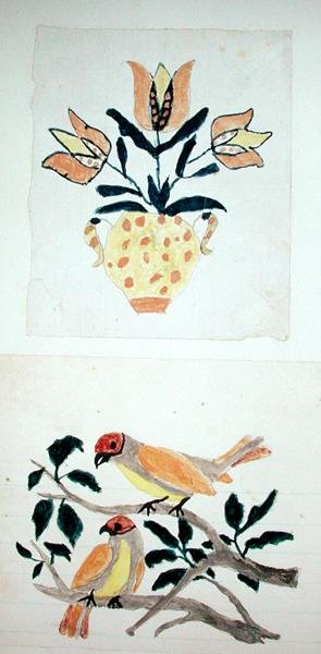 Vase de tulipes et deux oiseaux dans un arbre - School American
