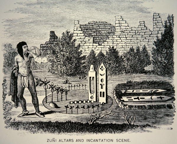 Tribal Zuni soufflant du pollen sur un sanctuaire Pueblo - School American