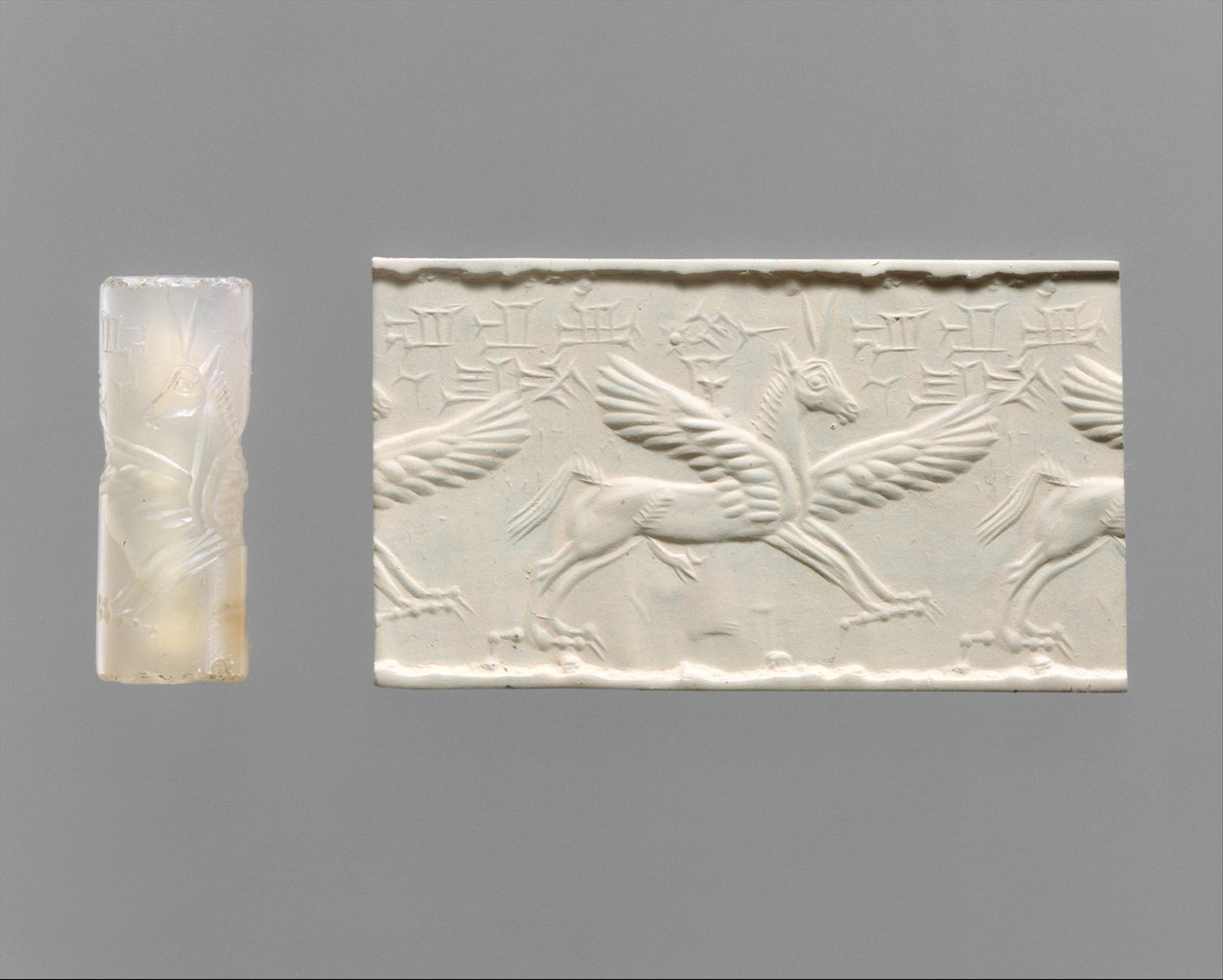Sceau-cylindre et impression moderne: cheval ailé avec griffes et cornes, c.14e-13e siècle av. J.-C. (calcédoine) - School Assyrian