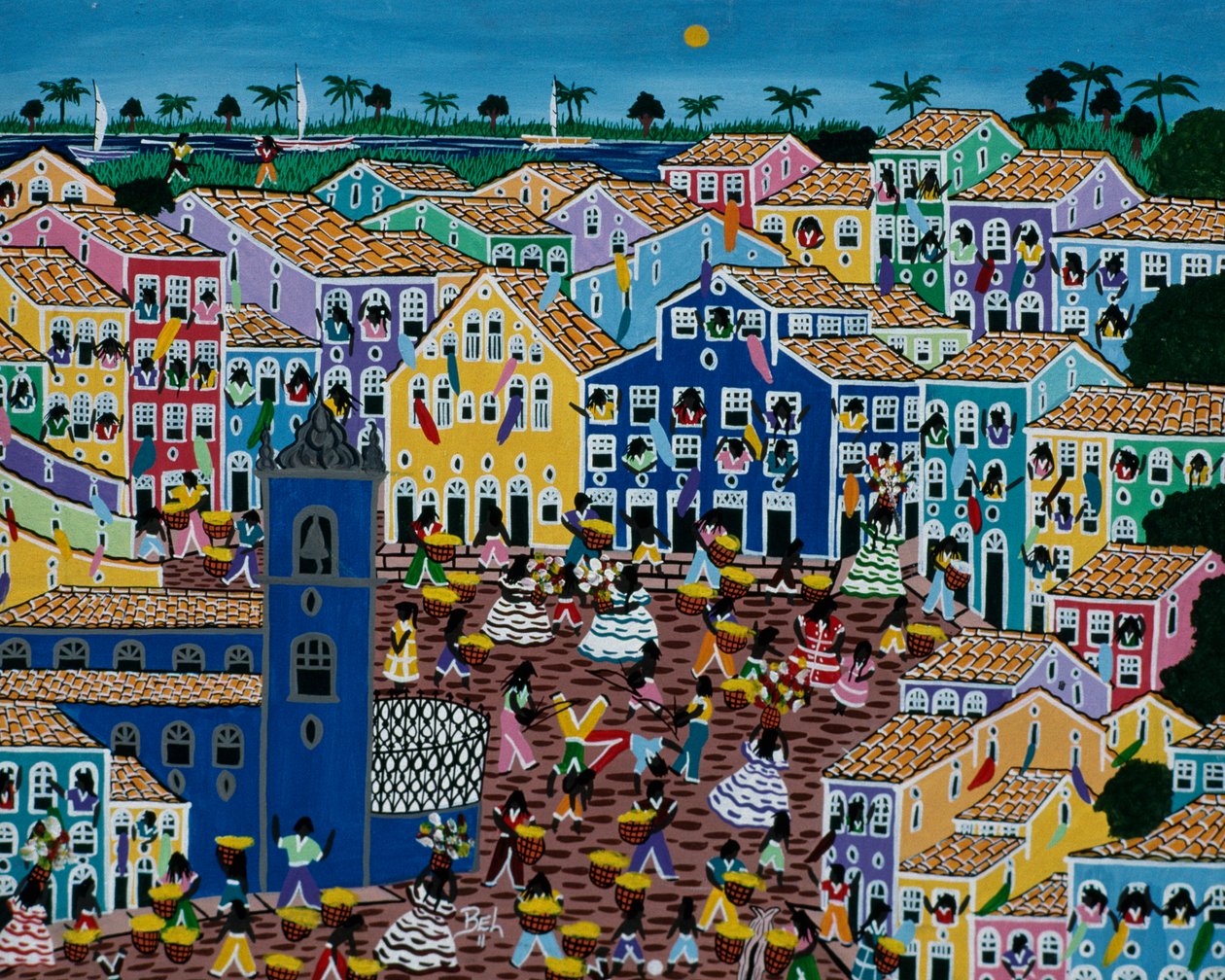 Peinture naïve représentant un marché, État de Bahia, Brésil - School Brazilian