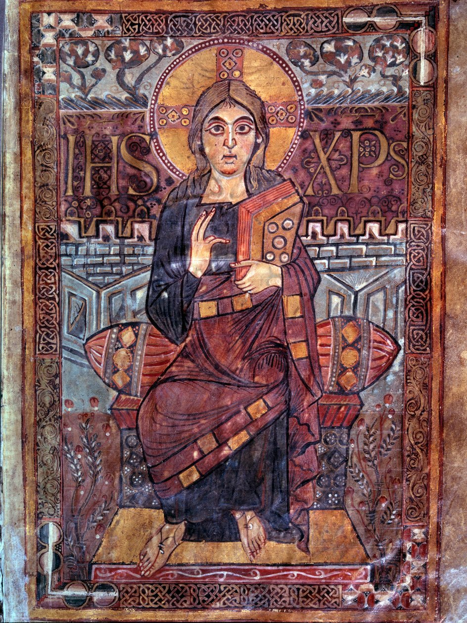 Art carolingien : Christ en majesté (en gloire). Miniature du manuscrit Évangéliaire de Godescalc, École du Palais de Charlemagne (folio 3) copie par Godescalc du trésor de Saint-Sernin de Toulouse, Bibliothèque du Louvre, 781-783. BN, Paris - School Carolingian