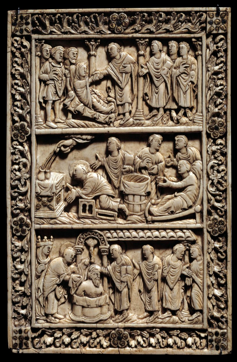 Art carolingien : miracle de la Sainte Ampoule, diptyque en ivoire représentant en haut, la résurrection d
