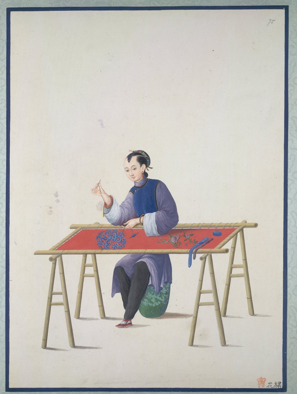 Une femme brodant, vers 1800 - School Chinese