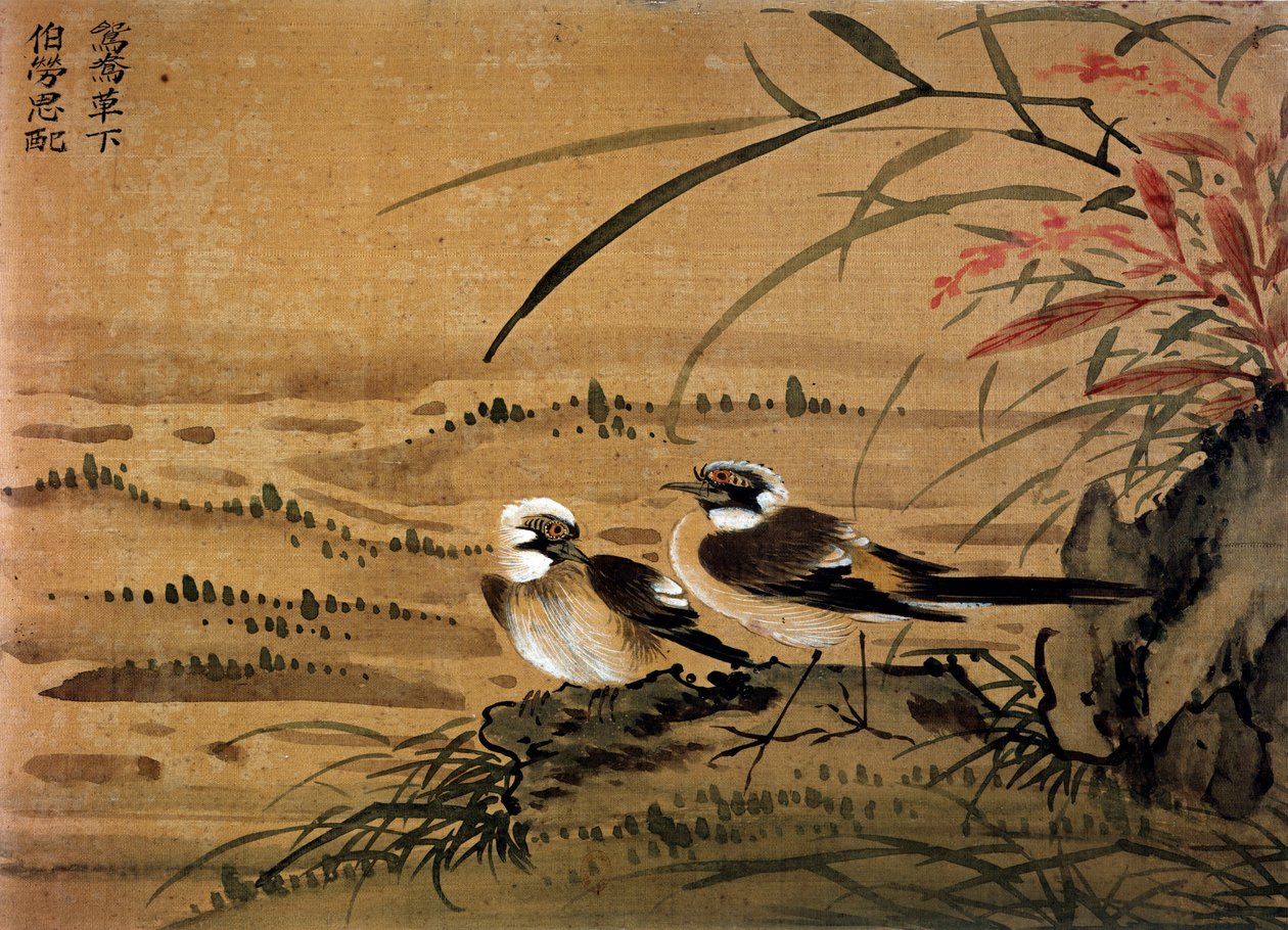 Art chinois : Oiseaux. Peinture sur soie de Li Youen Kien - School Chinese