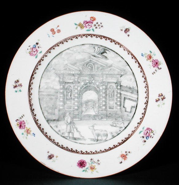 Assiette décorée en grisaille avec des émaux famille rose représentant Jacob Bobart (1599-1680) avec une chèvre et un chien, période Qianlong (1736-95) - School Chinese