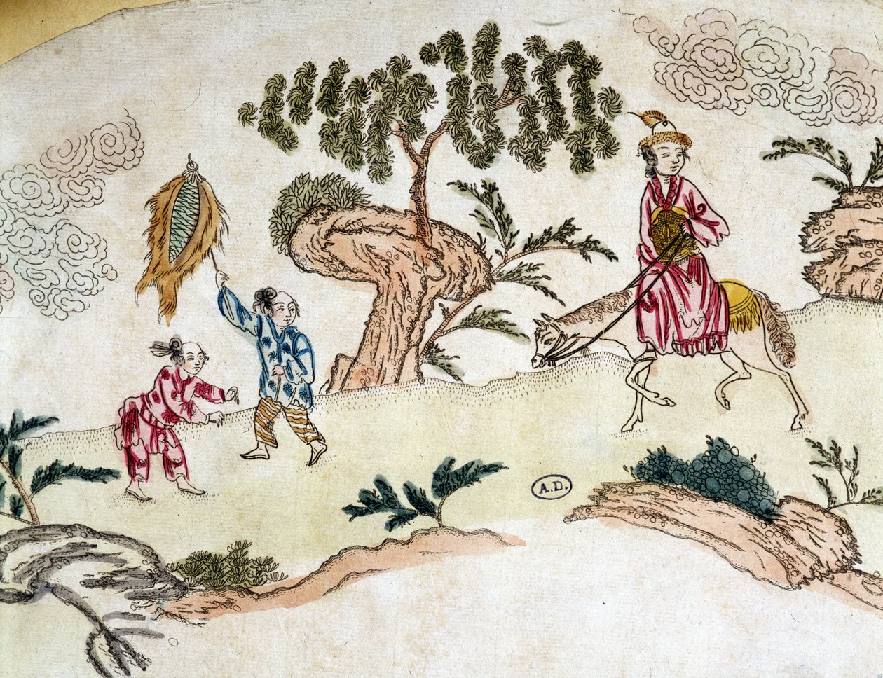 Noble femme à cheval et enfants jouant au cerf-volant - Estampe chinoise, vers 1800 - School Chinese