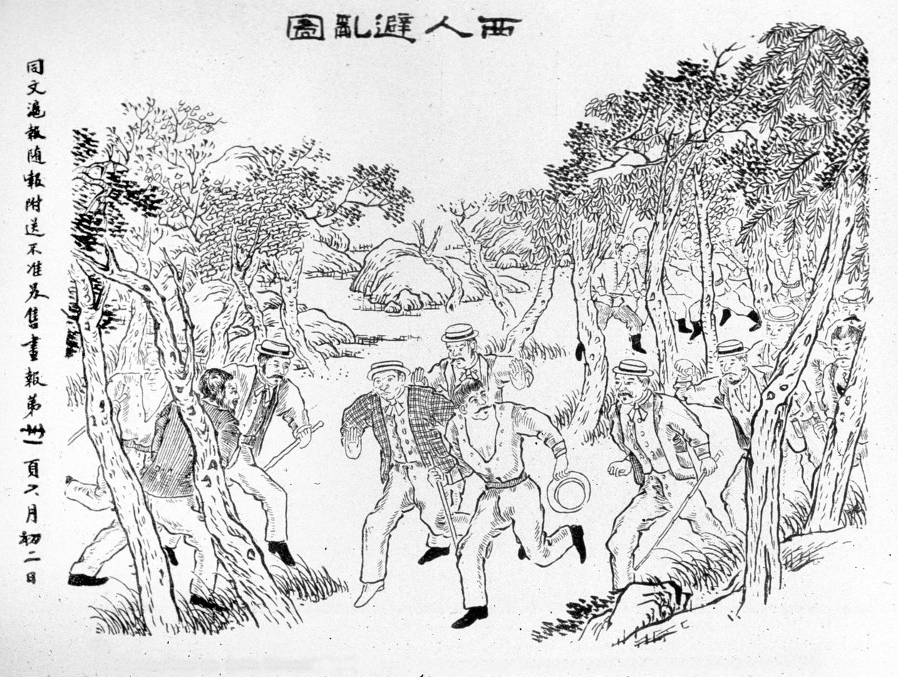 Révolte des Boxers : Les Européens fuyant face aux Boxers. Illustration publiée dans le Journal de Shanghai Toung-Ouen-Hou-Pao. Environ 1899 - School Chinese