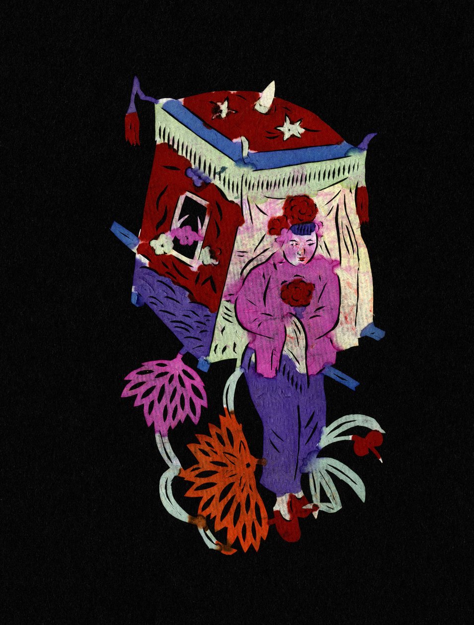 Palanquin traditionnel avec jeune fille. Découpage de papier peint ou "Jian Zhi", art populaire chinois, Pékin. - School Chinese