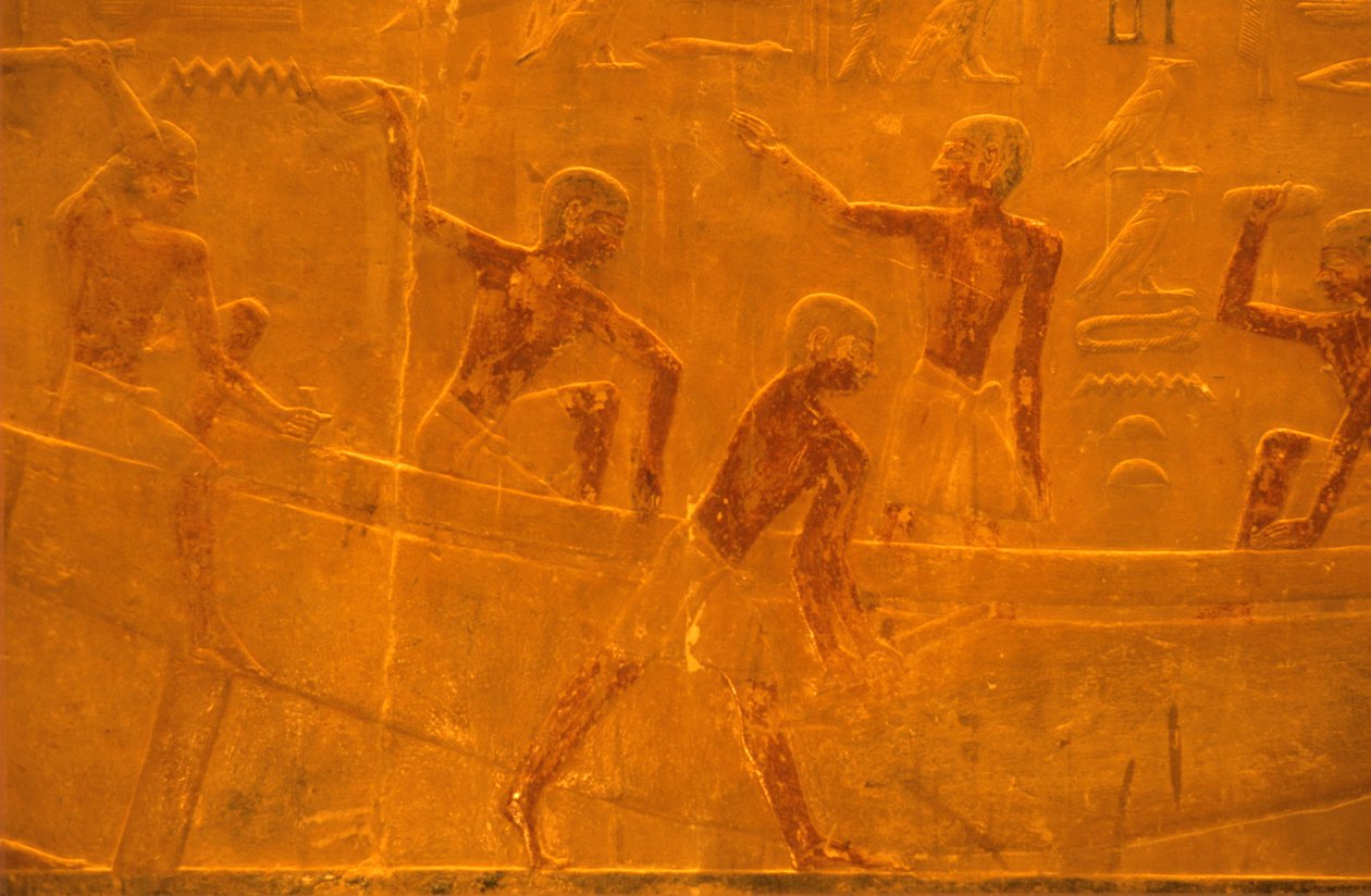 Égypte ancienne, sculpture/peinture murale, mastaba/tombeau de Ti, Saqqarah, 5e dynastie, construction navale - School Egyptian