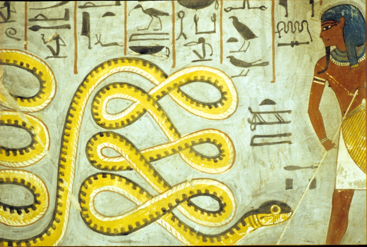 Égypte ancienne, peinture murale, Tombe de Ramsès Ier, Vallée des rois, Ramsès Ier tuant le serpent Dieu des enfers - School Egyptian