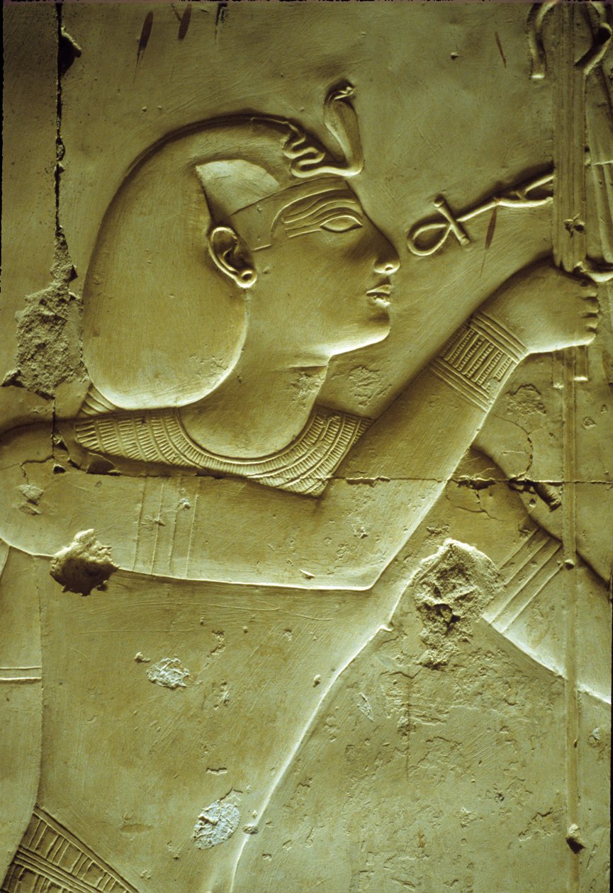 Égypte ancienne, peinture murale, Séthi Ier recevant la vie, symbolisée par l