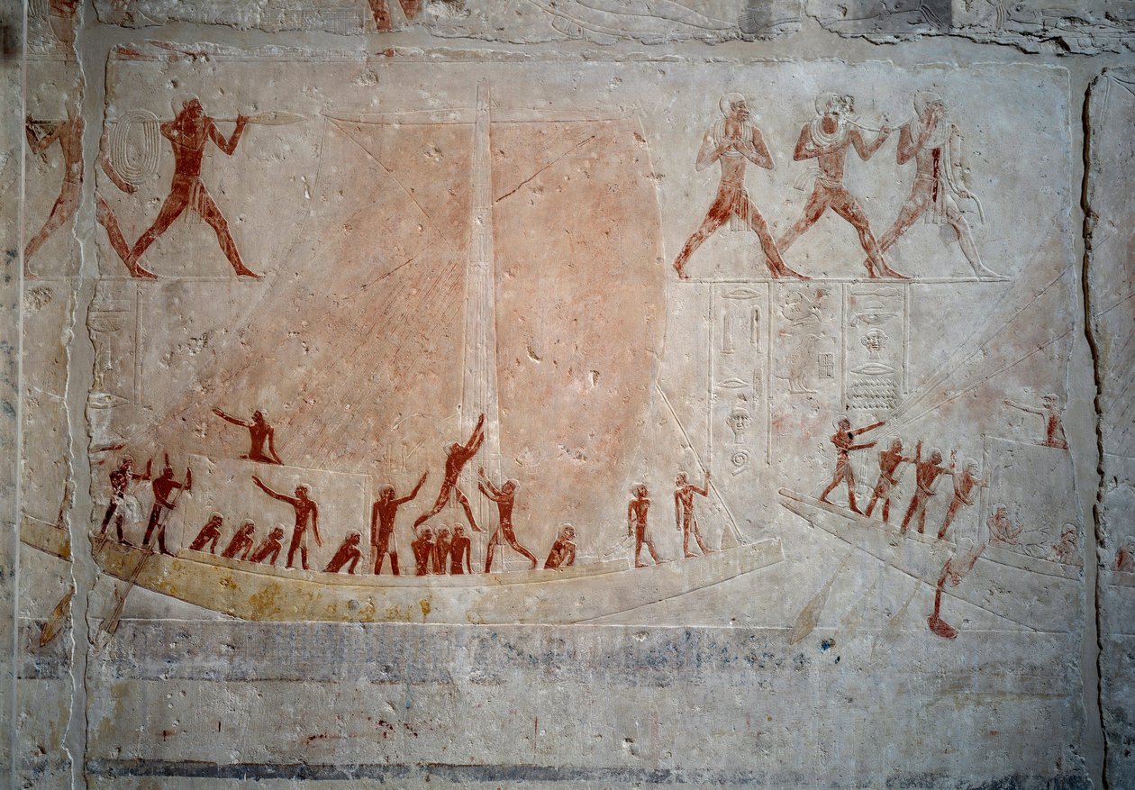 Antiquité égyptienne : un voilier. Relief en calcaire de la Chapelle du Mastaba d