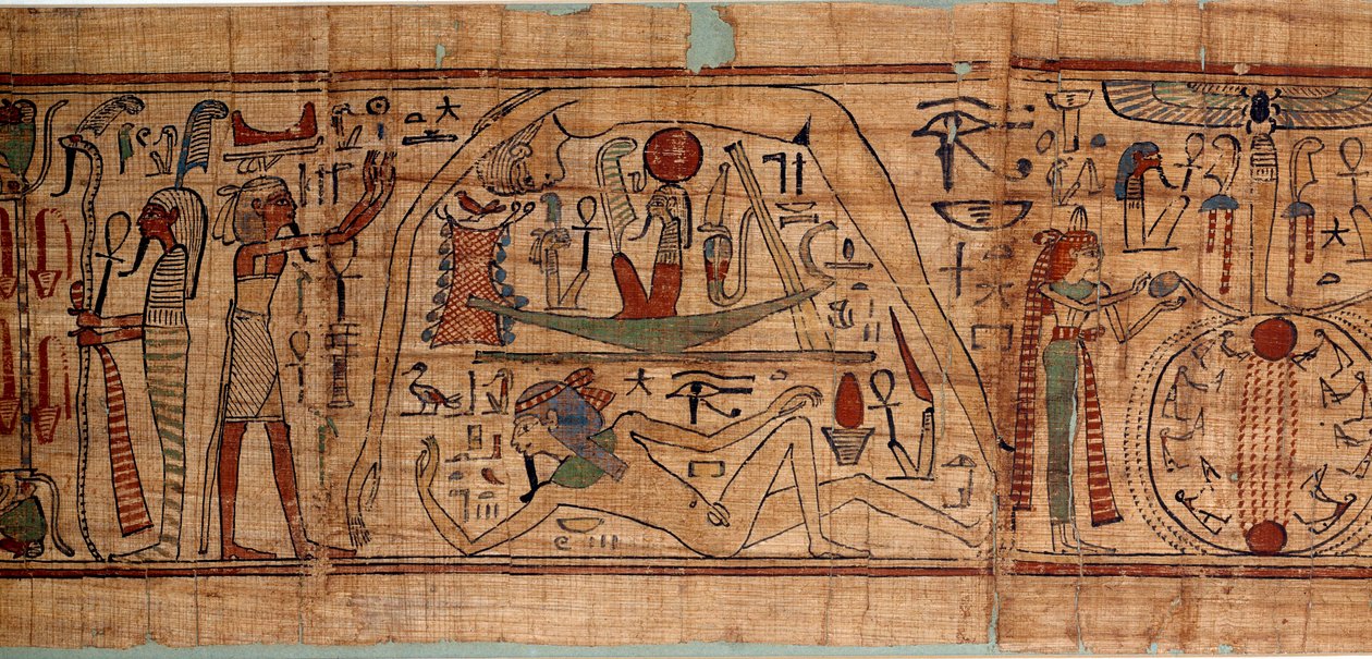 Antiquité égyptienne allégorie du cosmos : papyrus mythologique de Neskapashouty, scribe comptable des grains représentant la cosmogonie, avec Geb, Nout, Nephtys, Osiris. 1070-664 av. J.-C. 21e dynastie. Paris, musée du Louvre - School Egyptian