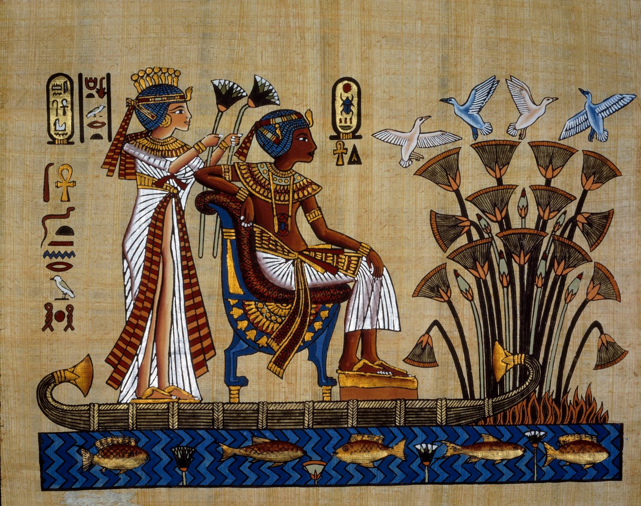Antiquités égyptiennes : le pharaon et sa femme dans le papyrus ...
