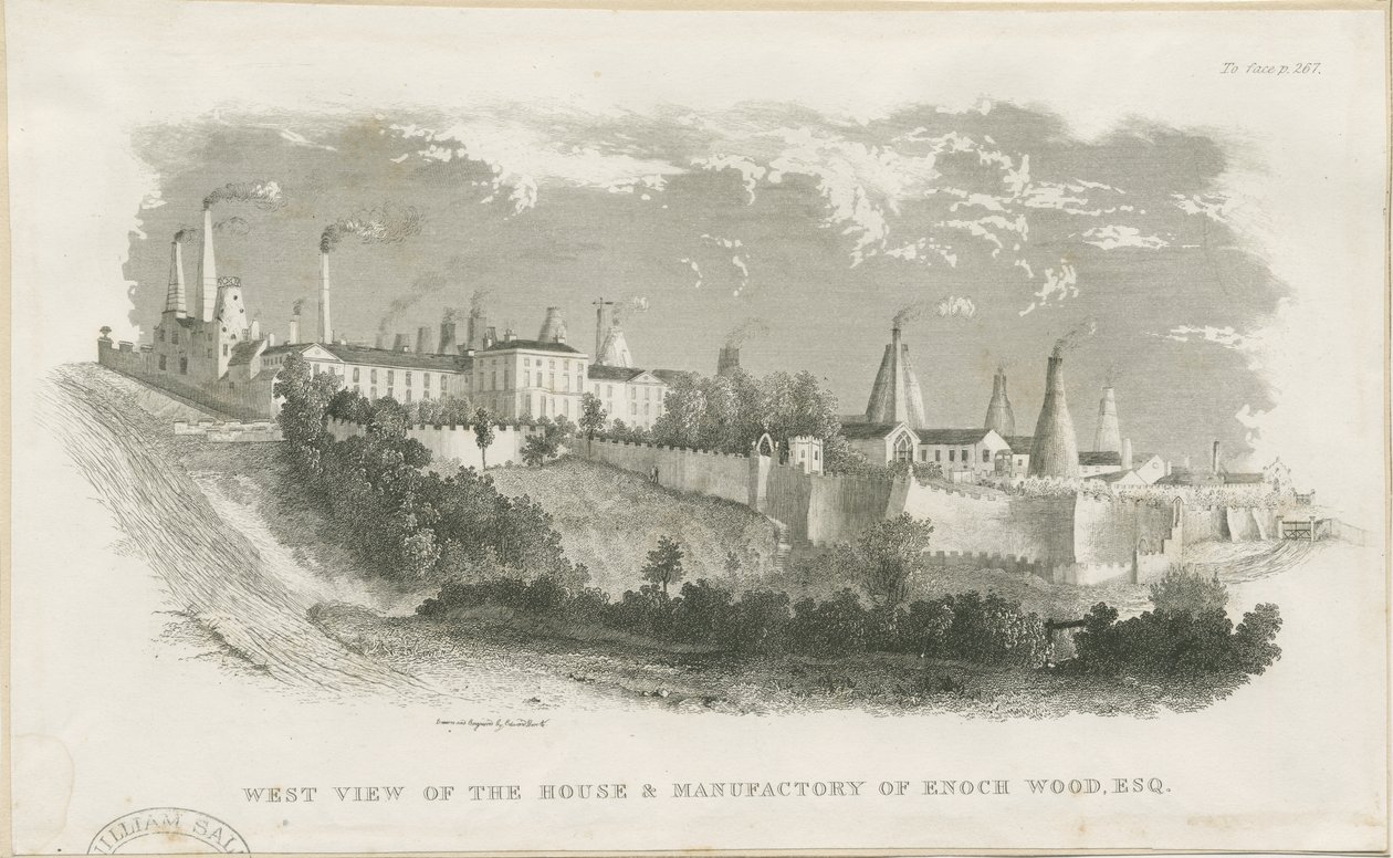 Burslem - maison et usine de Enoch Wood & Sons: gravure, 19e siècle - School English