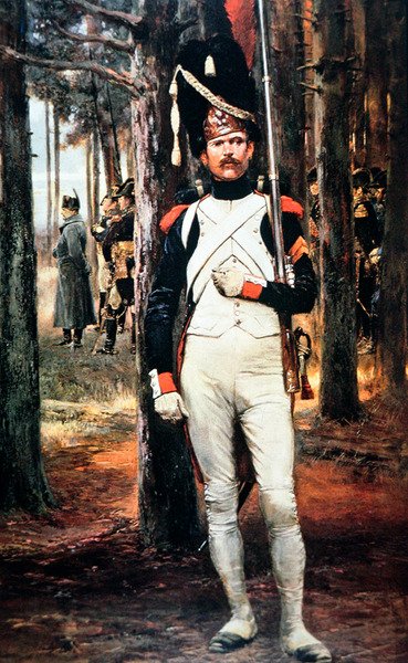 Garde impérial de la Grande Armée de Napoléon, portant un bonnet en peau d