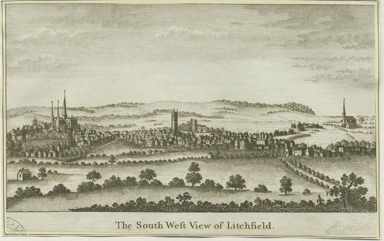 Lichfield - Vue sud-ouest : gravure sur cuivre, nd [fin 18e siècle] (impression) - School English