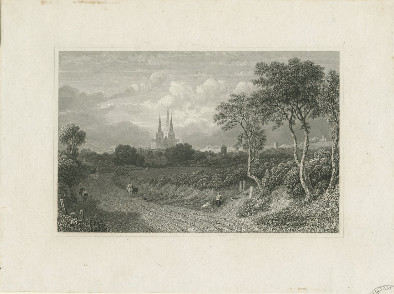 Cathédrale de Lichfield - Vue ouest (lointaine) : gravure, nd [?18e siècle] (impression) - School English
