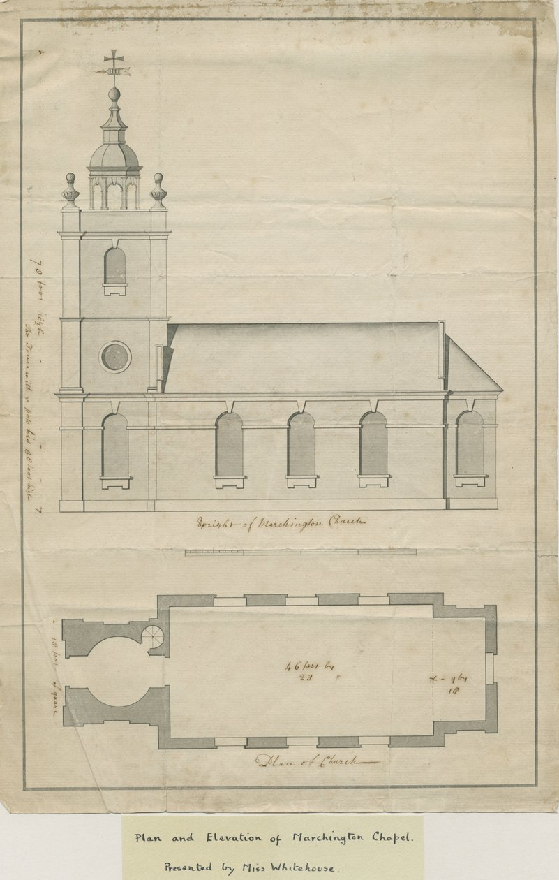 Église de Marchington - Élévation extérieure et plan intérieur: dessin à la plume, nd [?milieu 18e siècle] - School English
