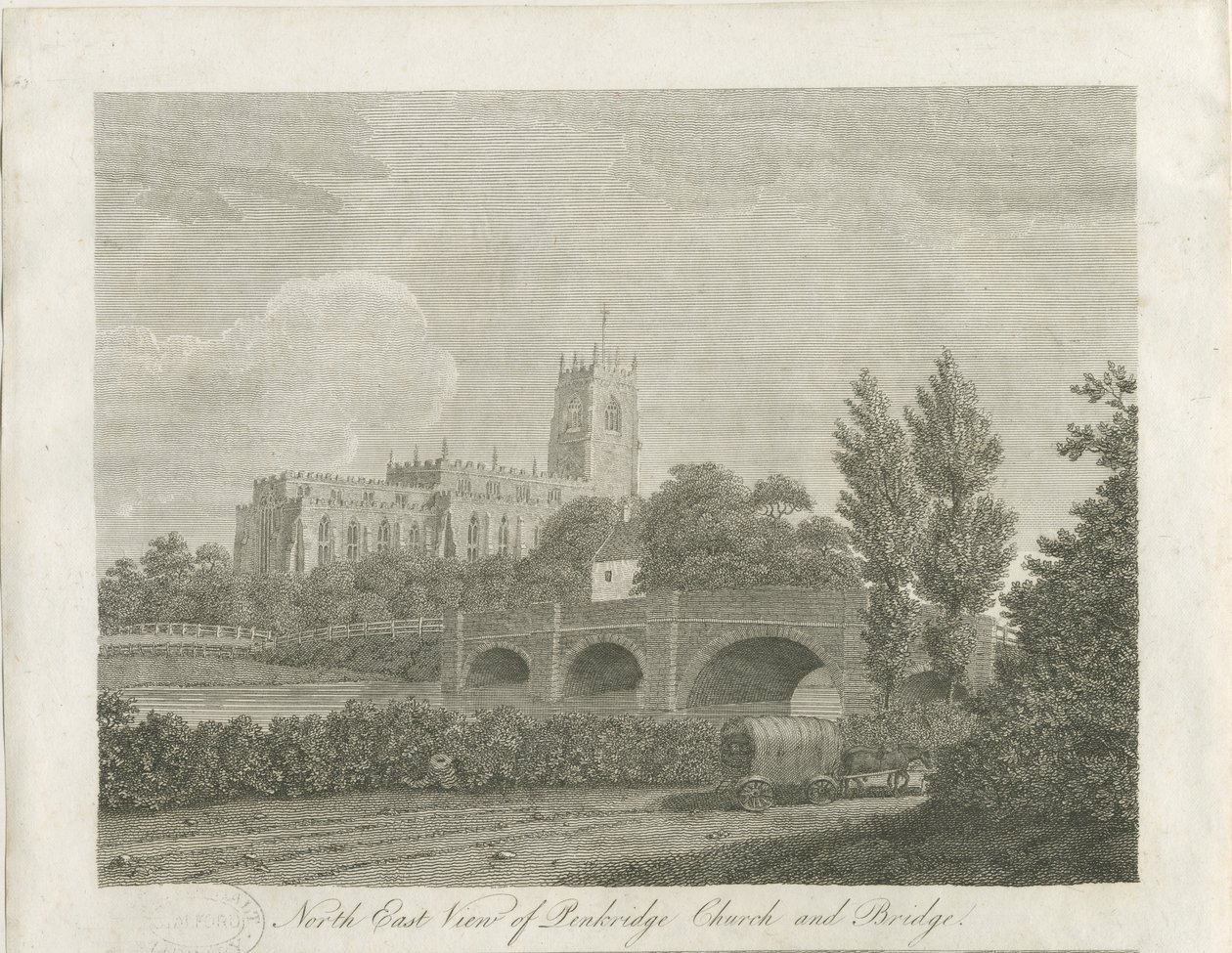 Ville de Penkridge - Église et pont : gravure, nd [fin 18e siècle] - School English