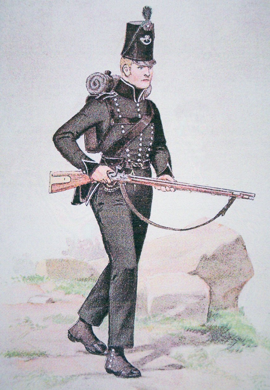 Soldat des 95e fusiliers, vers 1810, armé du fusil Baker, conçu par Ezekiel Baker de Londres - School English