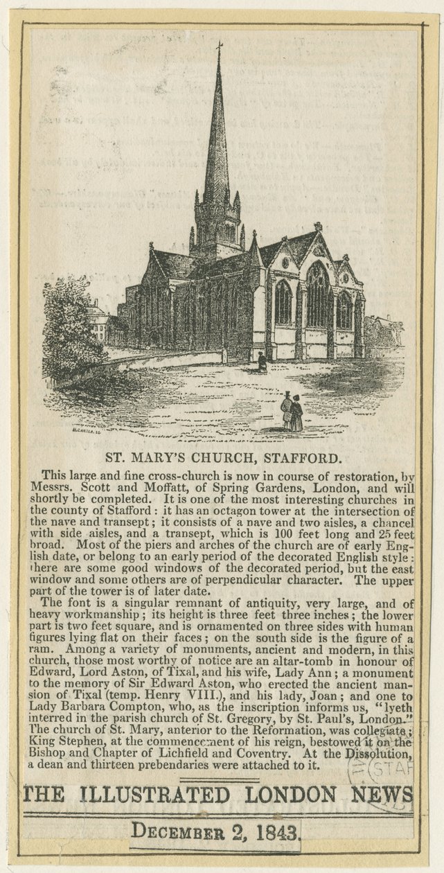Stafford - Église Sainte-Marie : gravure sur bois, nd [c 1843] - School English
