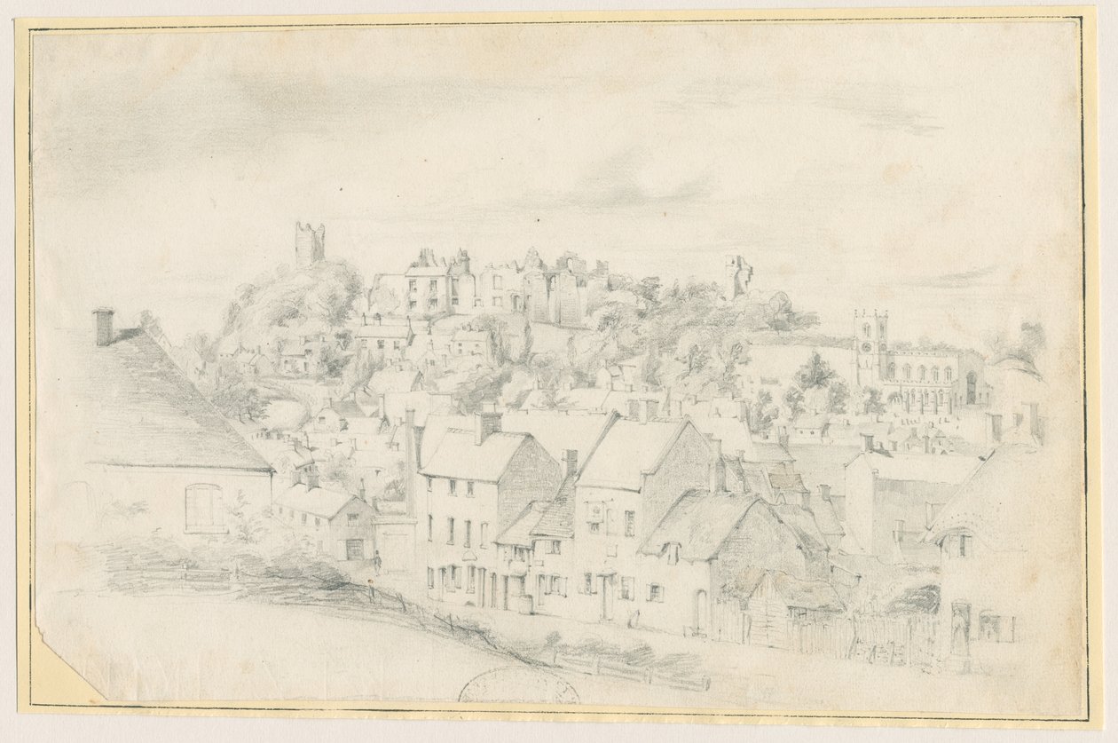 Tutbury - Ville, église et château : dessin au crayon, nd [?19e siècle] - School English