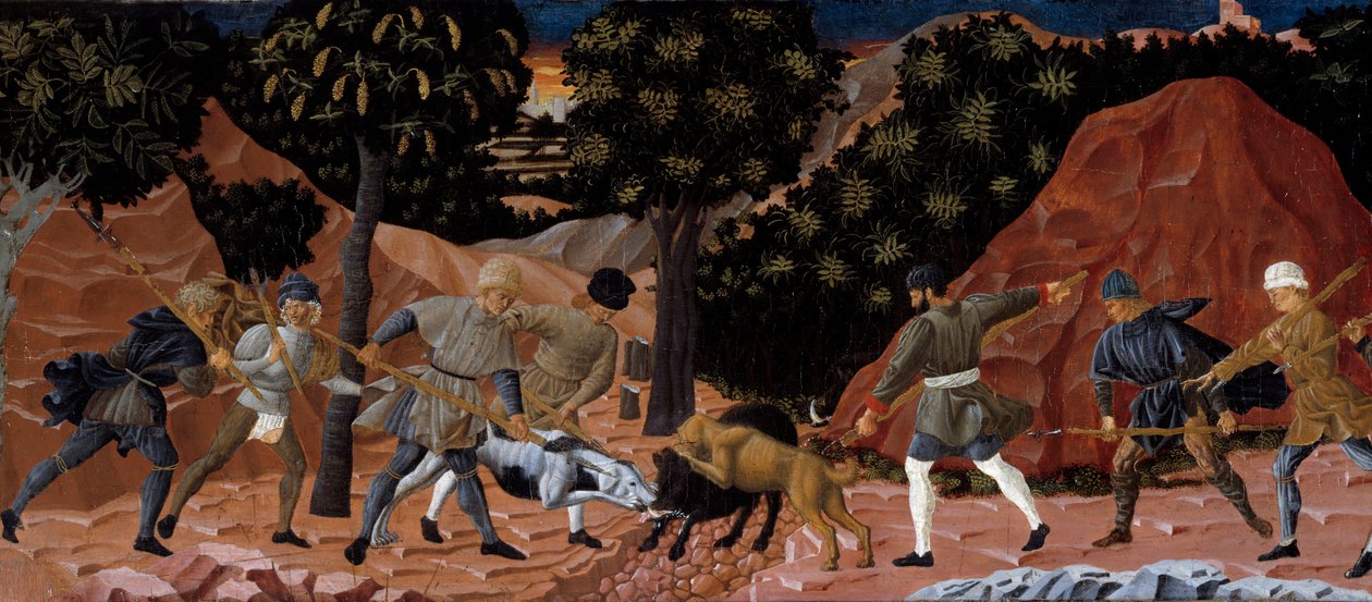 Scène de chasse au sanglier. Détail. Peinture anonyme de l
