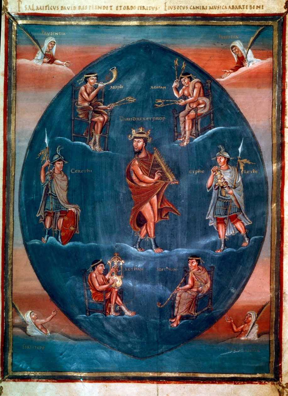David jouant de la harpe, entouré de quatre musiciens, deux gardes et quatre vertus cardinales. Miniature dans la Première Bible de Charles le Chauve, également connue sous le nom de Bible de Vivien. Anonyme, France, Tours (Saint-Martin). B.N., Paris - School French