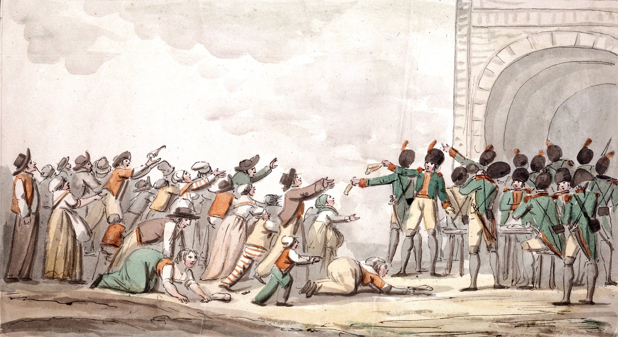 Distribution des assignats, Révolution française (gravure en couleur) - School French