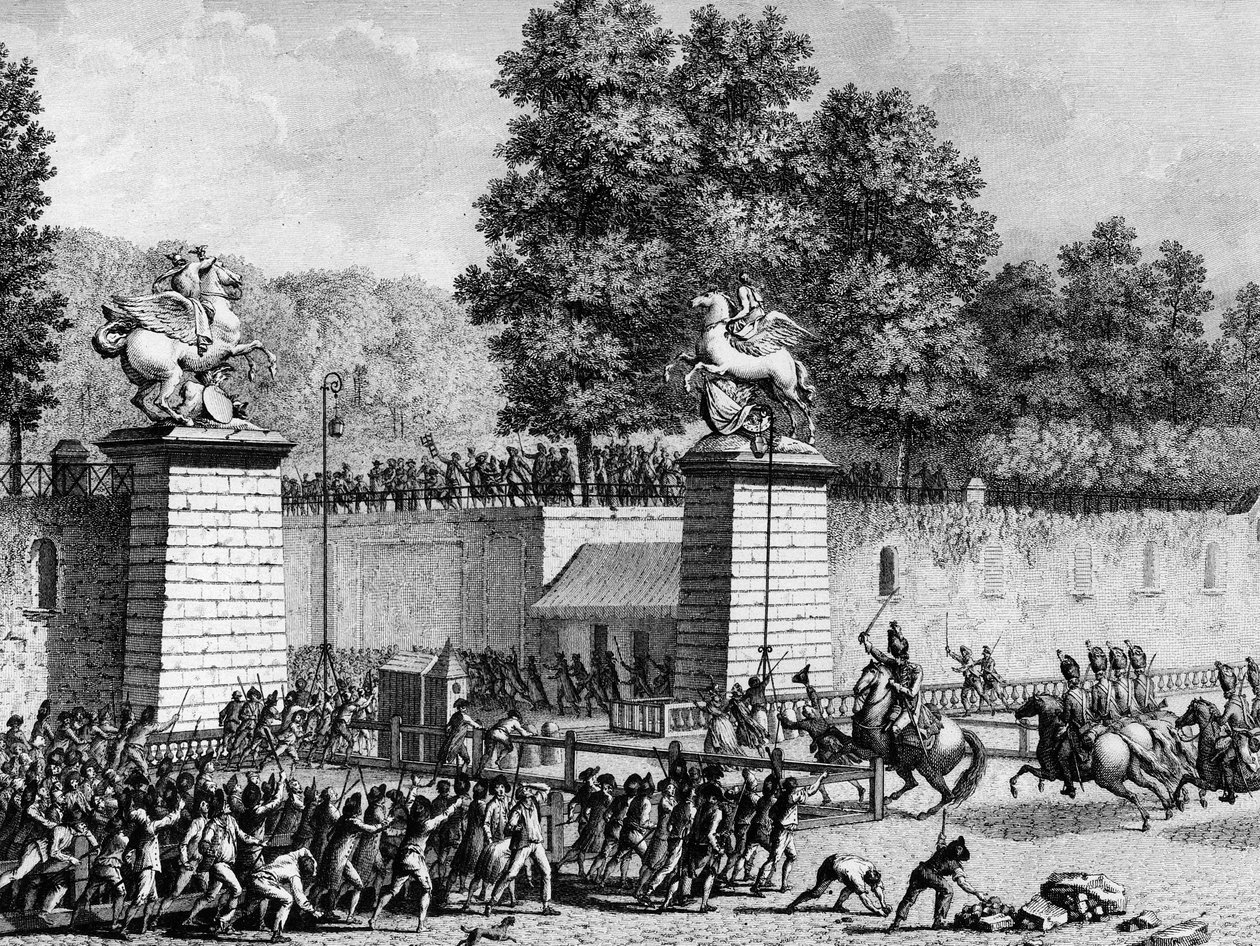 Début de la Révolution française : Monsieur Charles Eugène de Lorraine, Prince de Lambesc (1754-1825) entrant aux Tuileries avec un détachement de Royal-Allemand le 12 juillet 1789 pour réprimer les premiers révolutionnaires. Paris, Bibliothèque de l