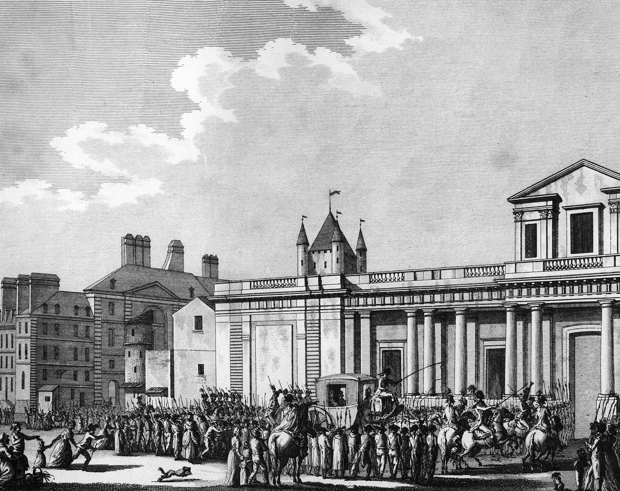 Révolution française : Transfert de la famille royale (Louis XVI, Marie-Antoinette, le dauphin Louis Charles de France ou Louis XVII et Marie-Thérèse dite Madame Royale) à la prison du Temple à Paris le 13 août - School French