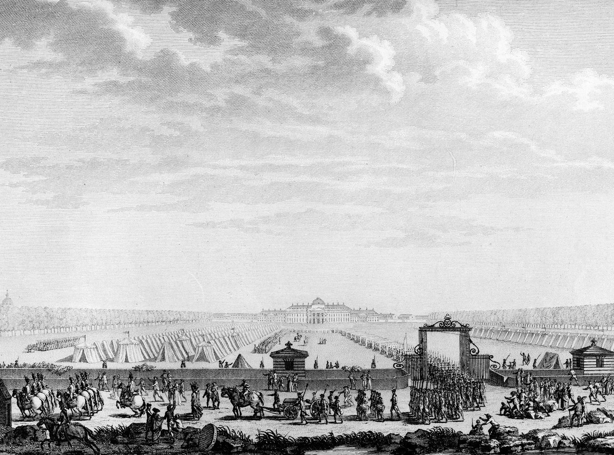 Révolution française : Les troupes militaires du Champ de Mars partant pour la Place Louis XV le 12 juillet 1789. Paris, Bibliothèque de l