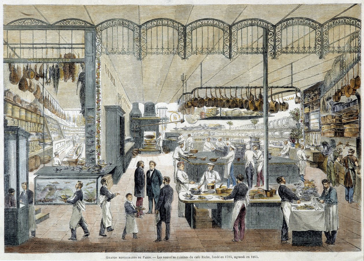 Grands restaurants de Paris : les nouvelles cuisines du Café Riche, fondé en 1785, agrandi en 1865. - School French