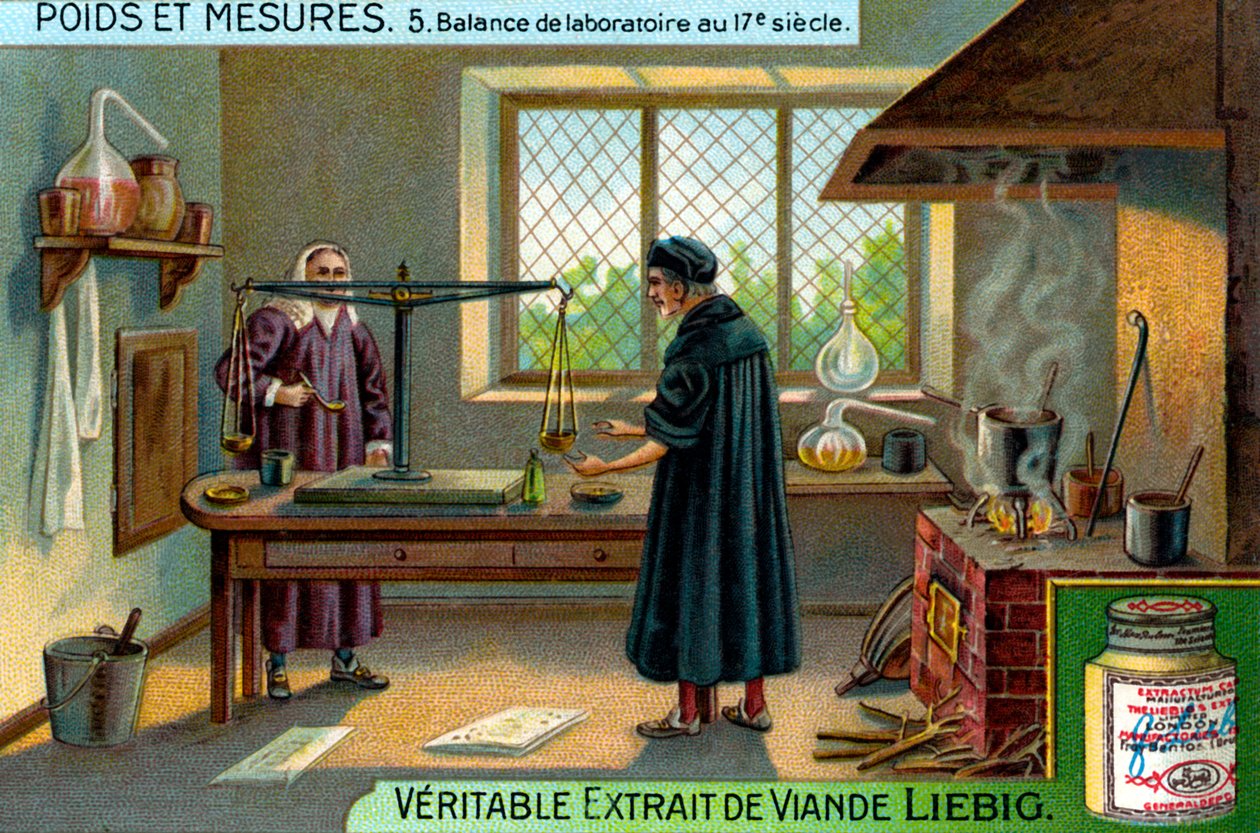 Balances de laboratoire au XVIIe siècle, carte de Liebig (impression) - School French