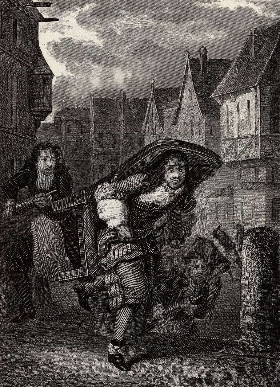 Monsieur de Pourceaugnac - gravure des "Œuvres" de Molière - Scène de la pièce de théâtre "Monsieur de Pourceaugnac" par Jean-Baptiste Poquelin dit Molière - School French