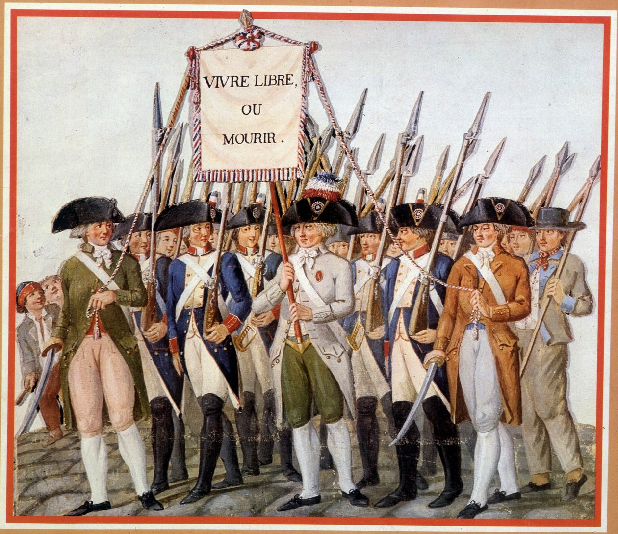 Gardes nationaux avec le drapeau « Vivre libre ou mourir » - School French