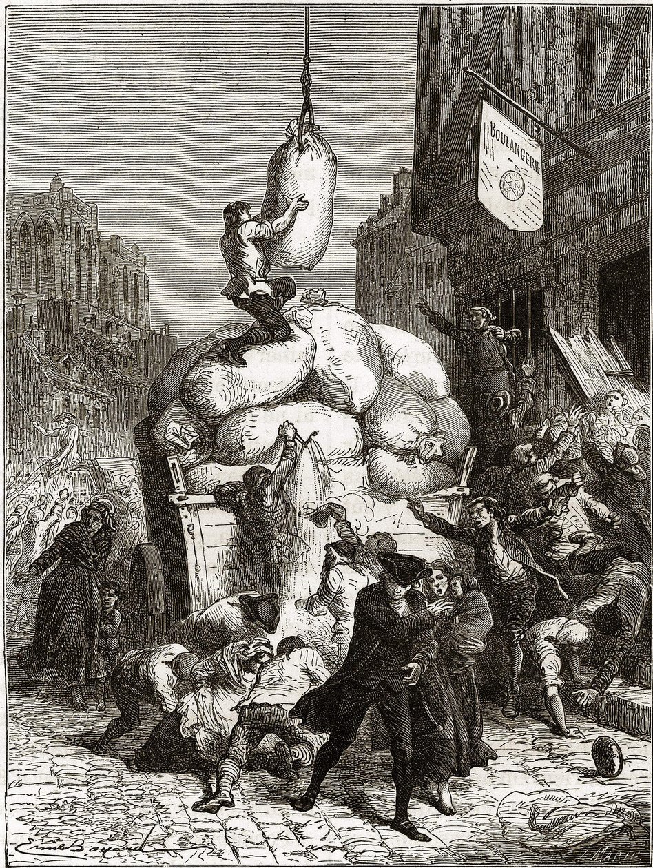 La guerre des farines : Pillage des boulangeries à Paris, vers 1775 (premiers fruits de la Révolution française) - School French