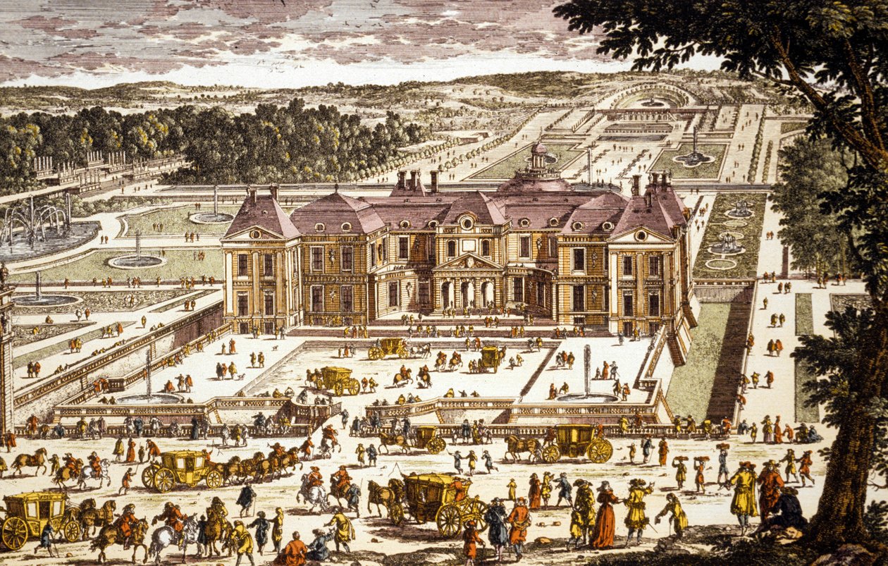 Vue du château Vaux le Vicomte, construit par Louis le Vau en 1658-1661 pour Nicolas Fouquet (gravure en couleurs) - School French
