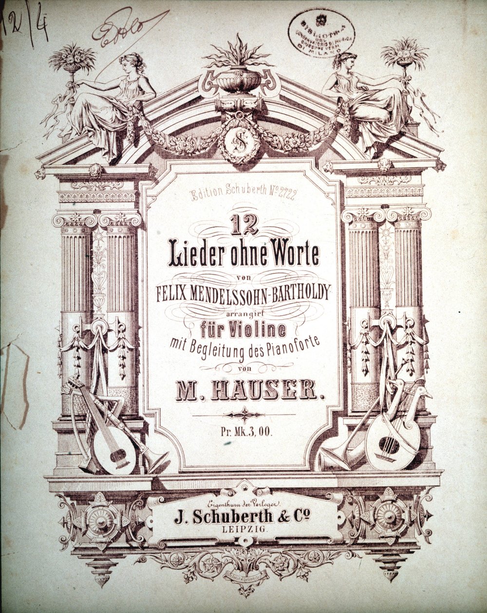 12 Lieder sans paroles accompagnés au piano, par Felix Mendelssohn (lithographie) - School German