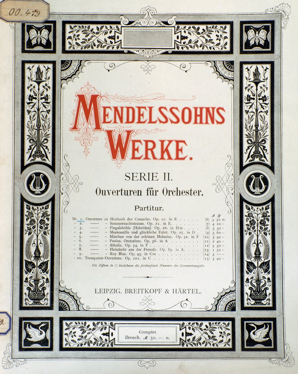 Couverture de la partition "Ouverture Op. 10 pour orchestre" par Felix Mendelssohn (lithographie en couleur) - School German
