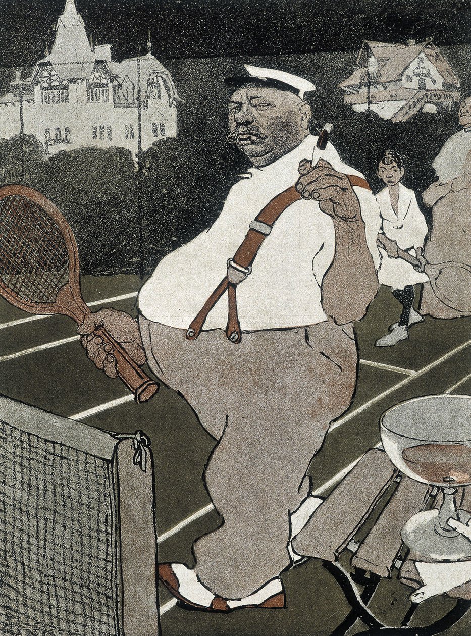 Tennis : homme gros, fumant et buvant de l