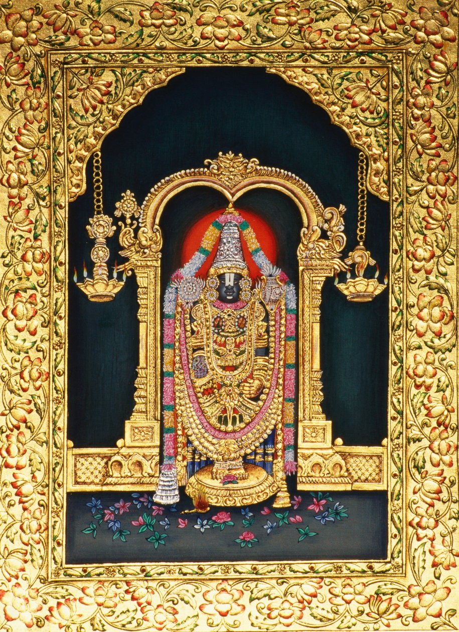 Dieu Tirupati Balaji en peinture miniature sur papier avec embossage doré - School Indian