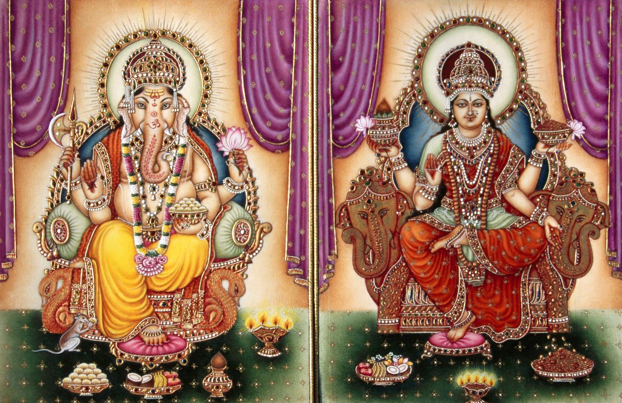 Seigneur Ganesh Ganpati Déesse et Lakshmi Peinture miniature sur ivoire - School Indian