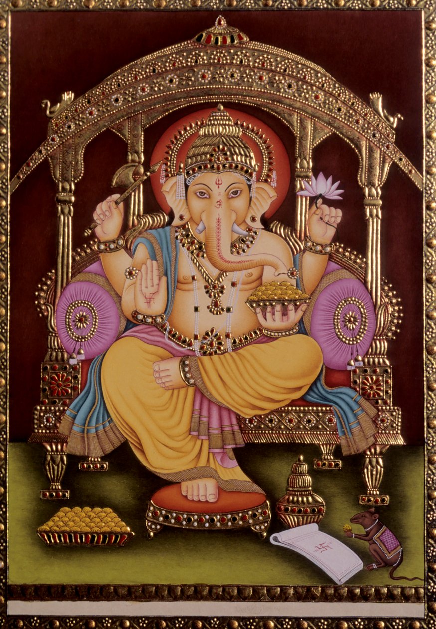 Peinture miniature de Lord Ganesh Ganpati sur papier avec embossage doré - School Indian